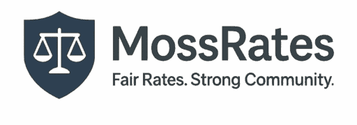 Shield with scales of justice on it and the Mossrate name, and slogan - Fair Rates, Strong Community
