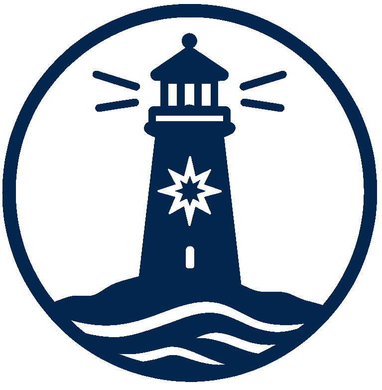 Lighthouse with an 8 pointed star on a hill set in a circle