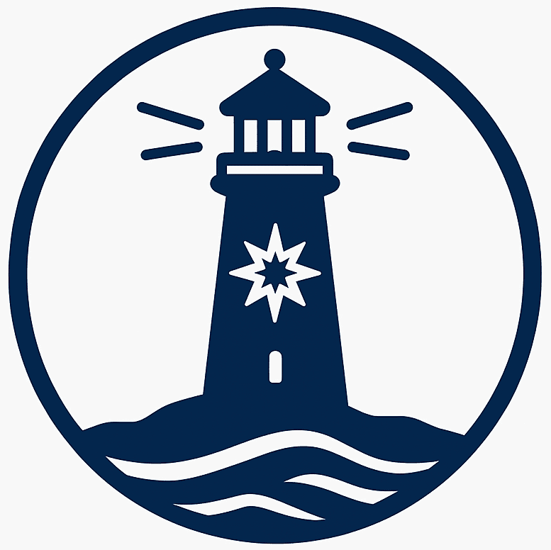 Lighthouse with an 8 pointed star on a hill set in a circle - with the text Mosselbay Rate Payers Association Writen underneath