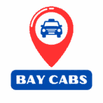 blue cab on a white background in a red location bubble hovering above BAY CABS