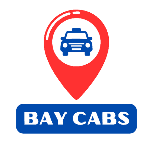 blue cab on a white background in a red location bubble hovering above BAY CABS