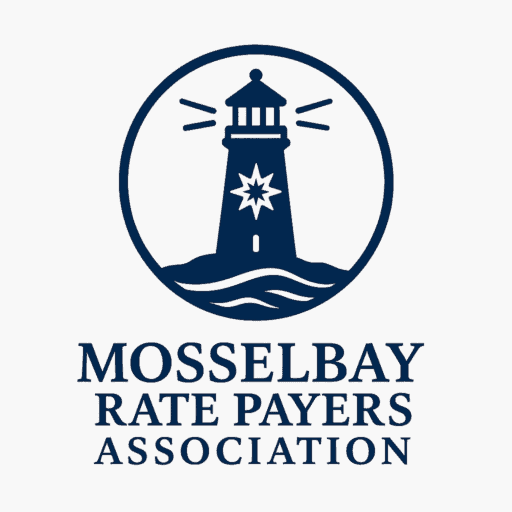 Lighthouse with an 8 pointed star on a hill set in a circle - with the text Mosselbay Rate Payers Association Writen underneath