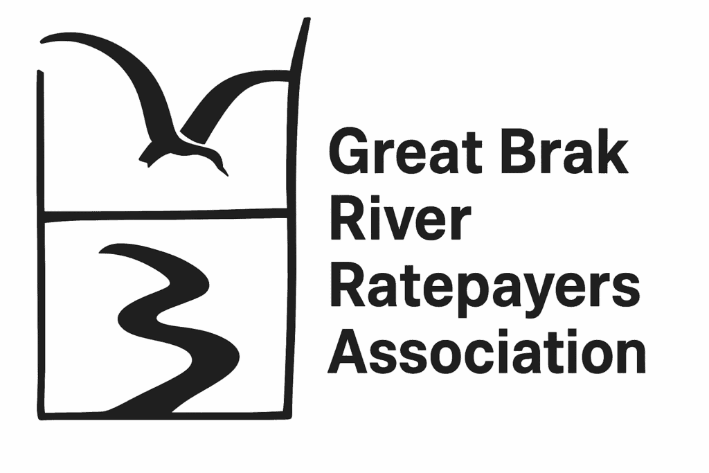 Logo of the Great Brak River Ratepayers Association featuring a stylized white bird in flight above a winding river, enclosed in a square frame, with the organization’s name in bold black letters on the right.