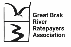 Logo of the Great Brak River Ratepayers Association featuring a stylized white bird in flight above a winding river, enclosed in a square frame, with the organization’s name in bold black letters on the right.